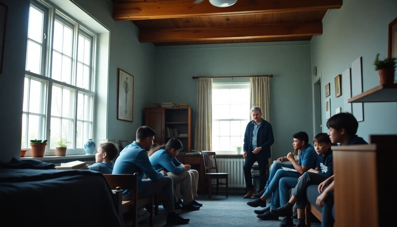 Boarding school students in dormitory common room with houseparent during residential life activities