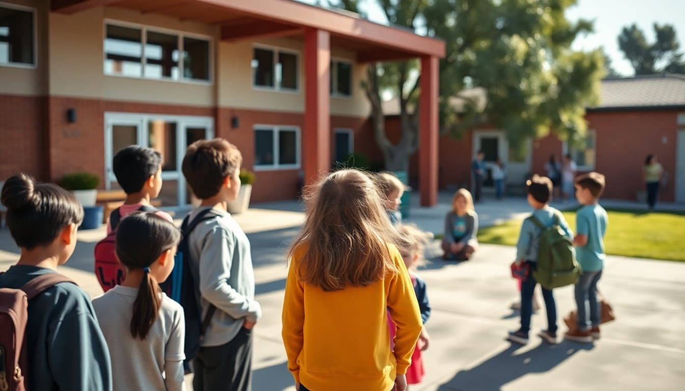 California charter school campus with outdoor learning space and students gathered for morning meeting