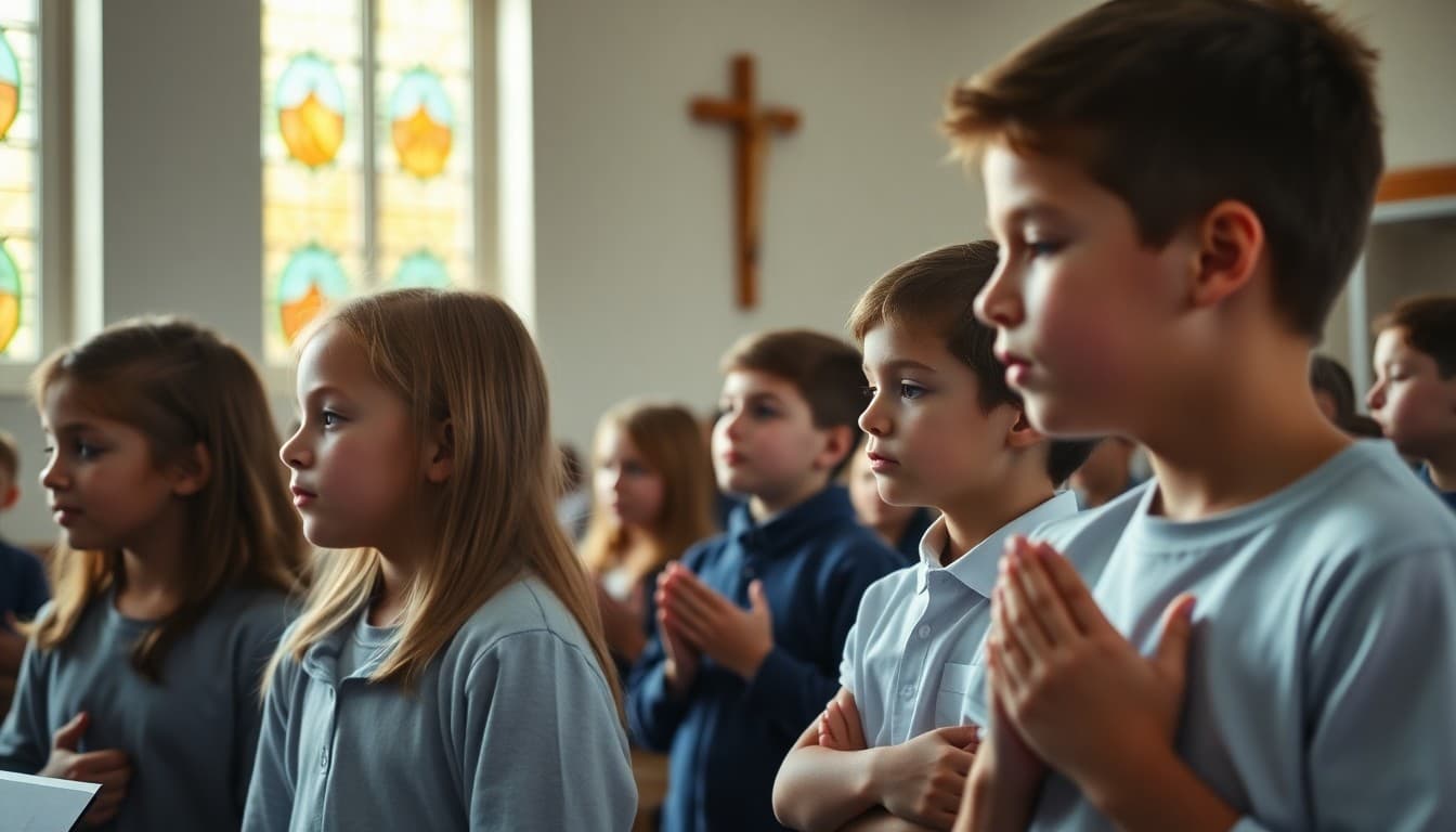 Catholic school students participating in a school Mass or prayer service in the school chapel