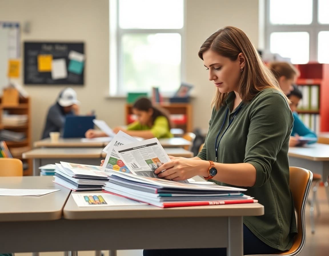 Teacher organizing charter school back to school newsletter materials at a modern classroom desk