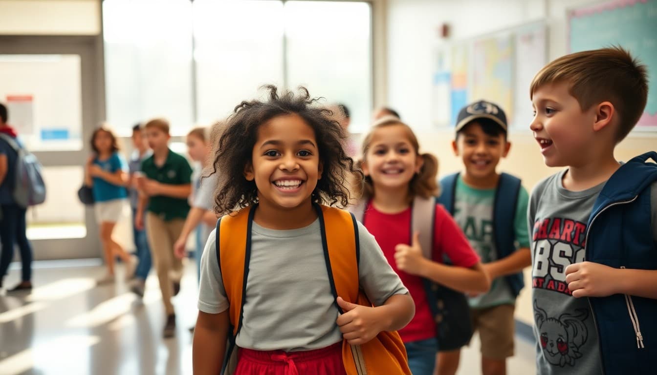 Charter school students arriving excited and energized on the first day of school