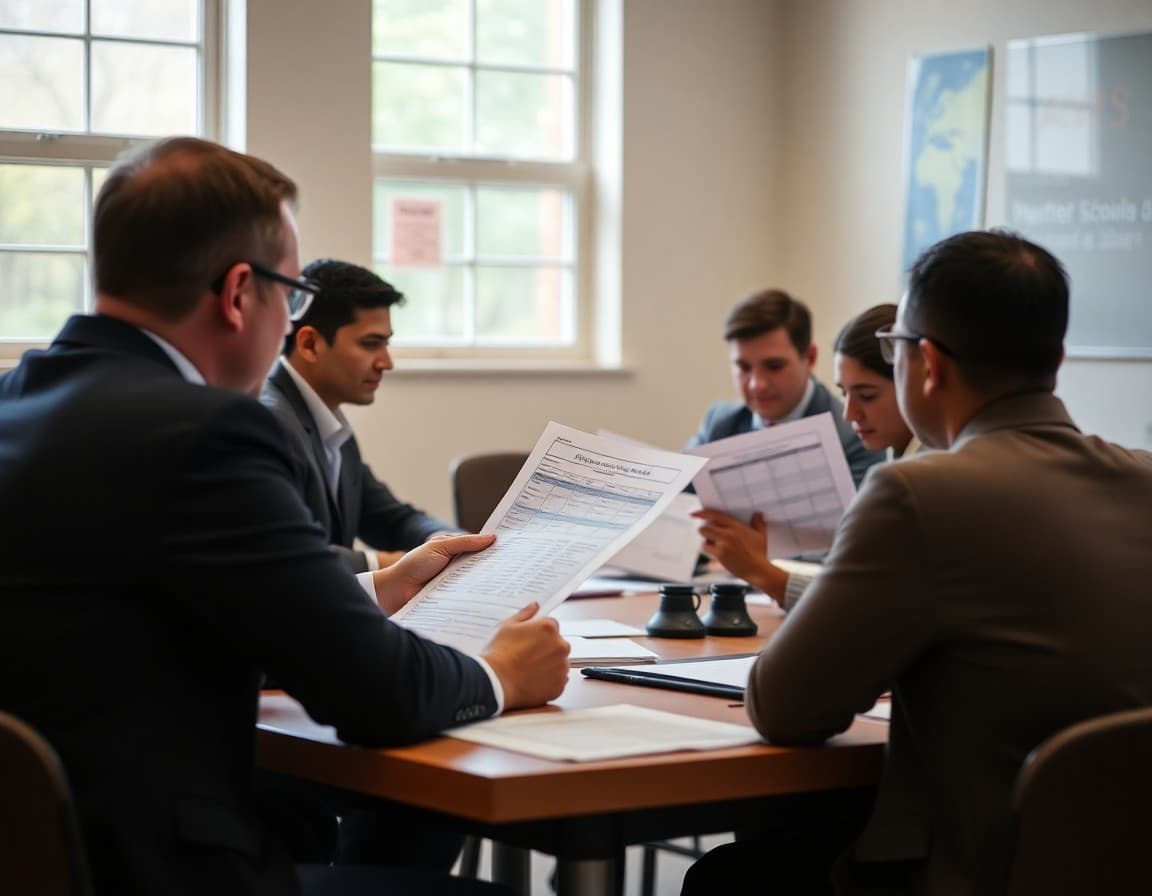 Charter school finance committee reviewing budget spreadsheets in a board governance meeting