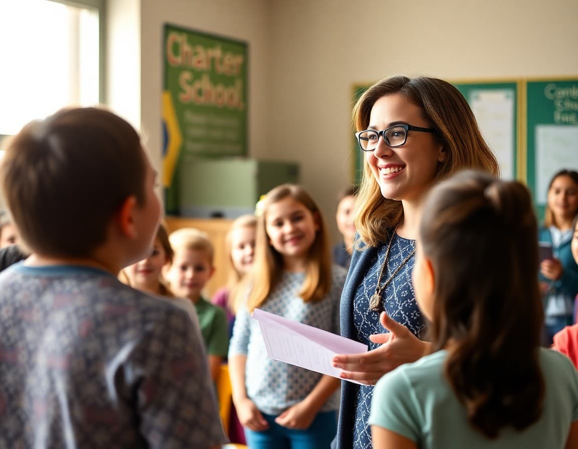 Teacher welcoming charter school families to an open house information session