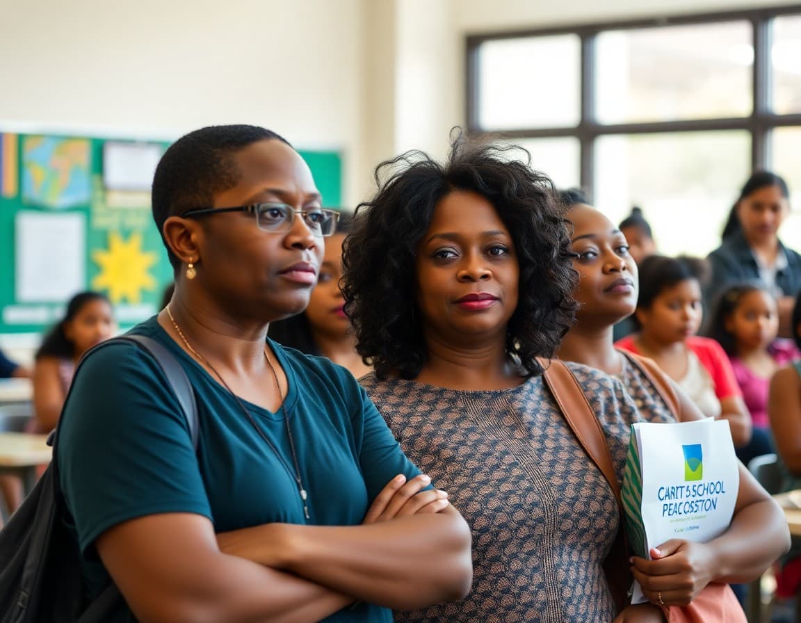 Parents attending a charter school parent engagement event and reviewing school program information