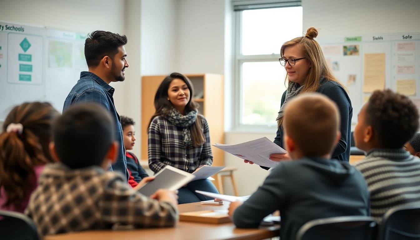 Charter school teacher engaging diverse parents in a community newsletter meeting in a modern classroom