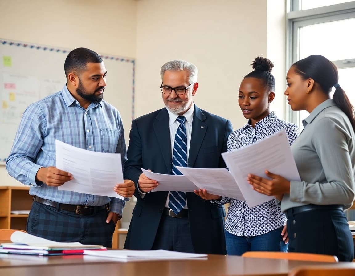 Charter school principal reviewing renewal application documents with school board members