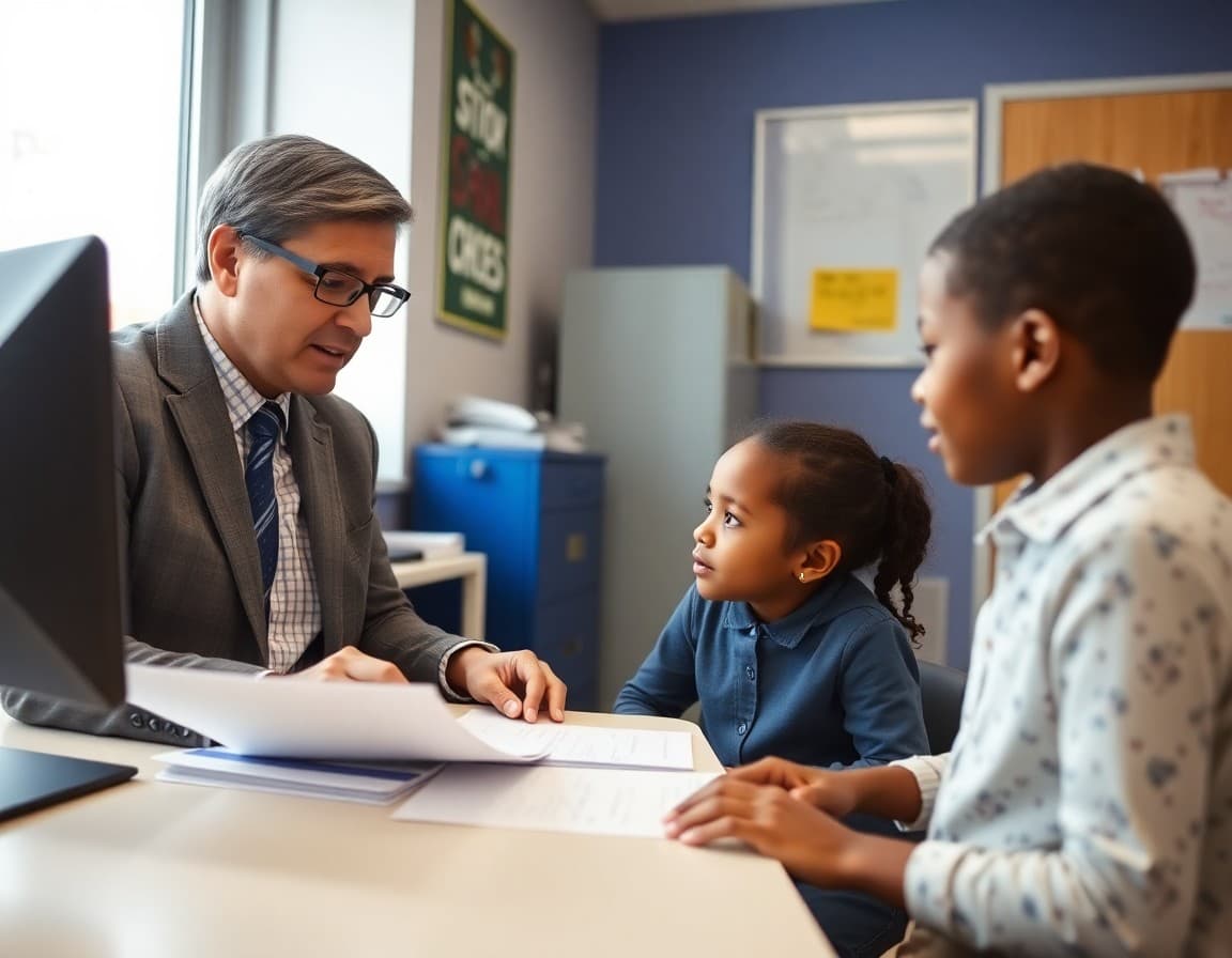 Charter school administrator reviewing enrollment waitlist with a family in the school office