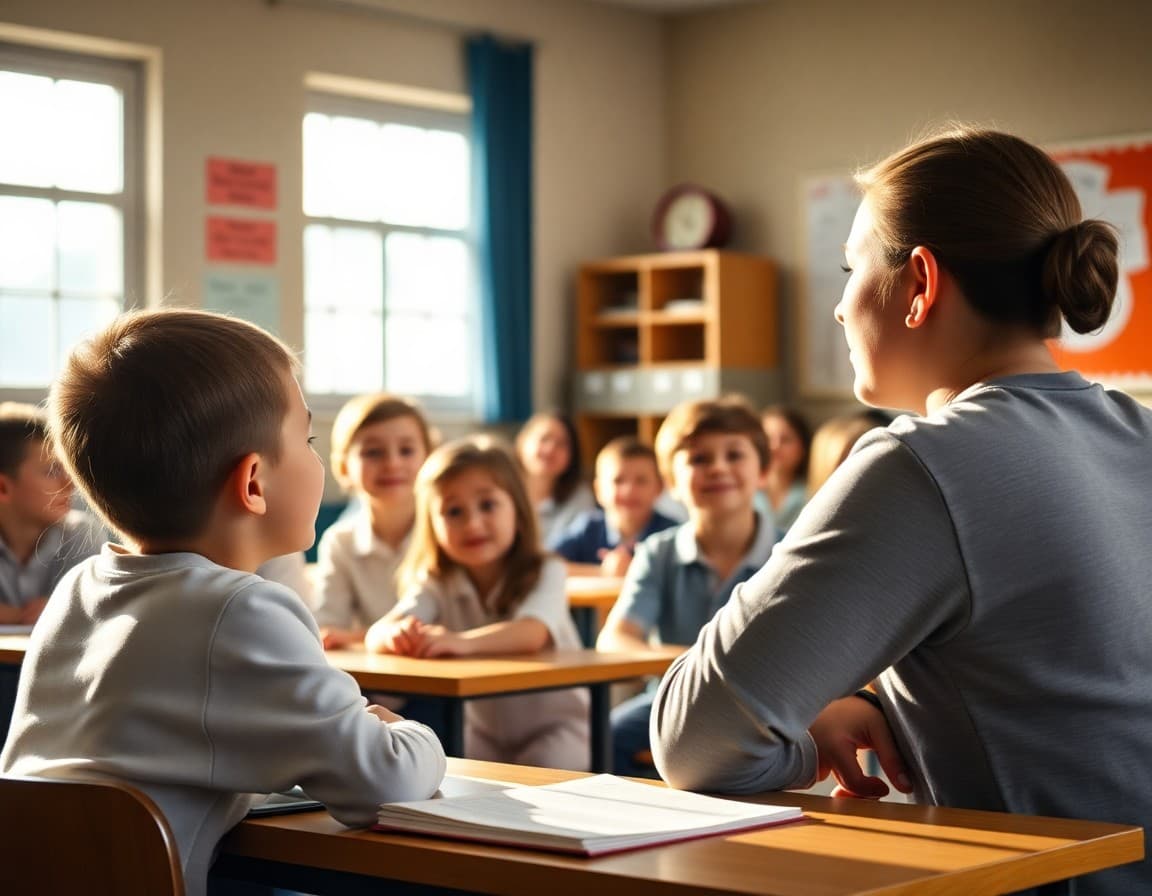 Christian school students in a morning devotional session led by a teacher in the classroom