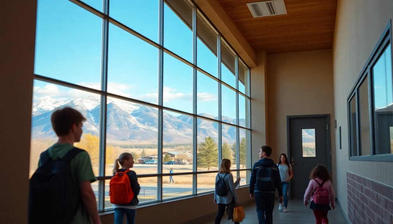 Colorado charter school building with mountain views and students arriving in the morning