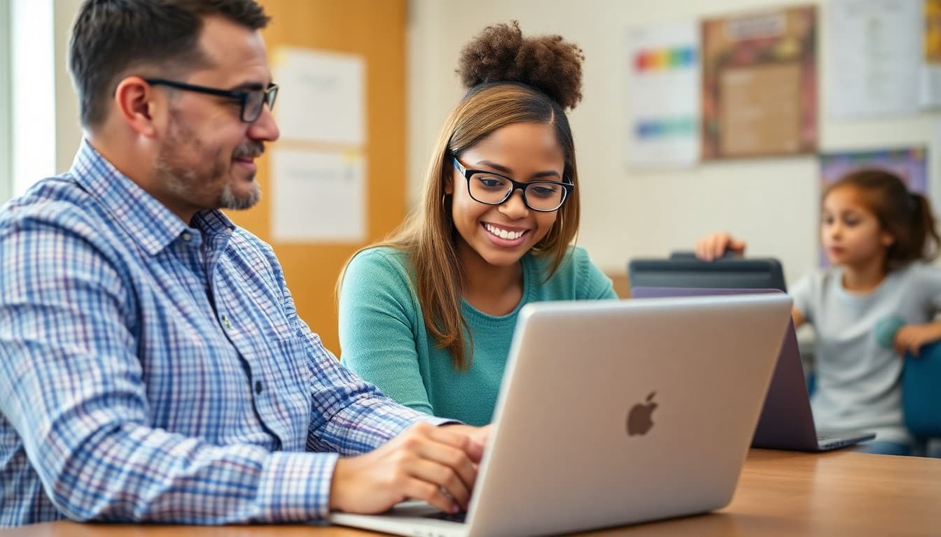 Connecticut charter school administrator reviewing a family newsletter on a laptop in a school office