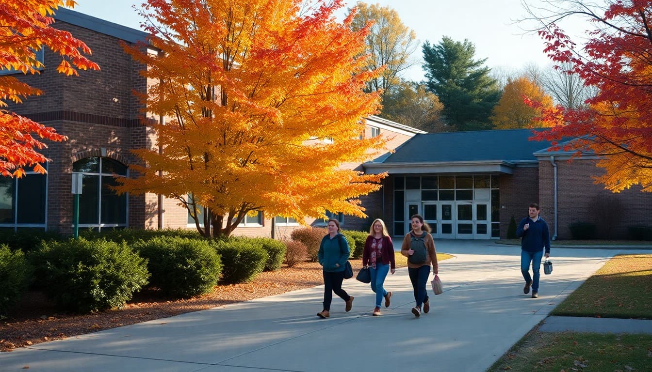 Connecticut charter school building with fall foliage and students walking to class in autumn