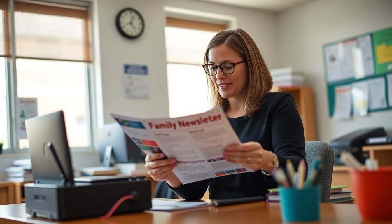 Delaware charter school administrator reviewing a family newsletter at a school office desk