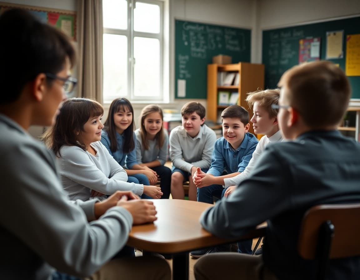 Students and teachers meeting in equal-voice circle to discuss school community decisions together