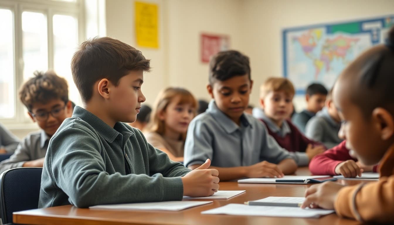 Democratic school students voting on school governance decisions during a school meeting