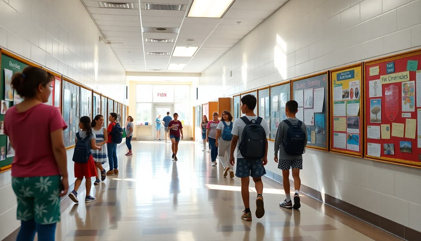Georgia charter school hallway with student work displays and bright natural lighting
