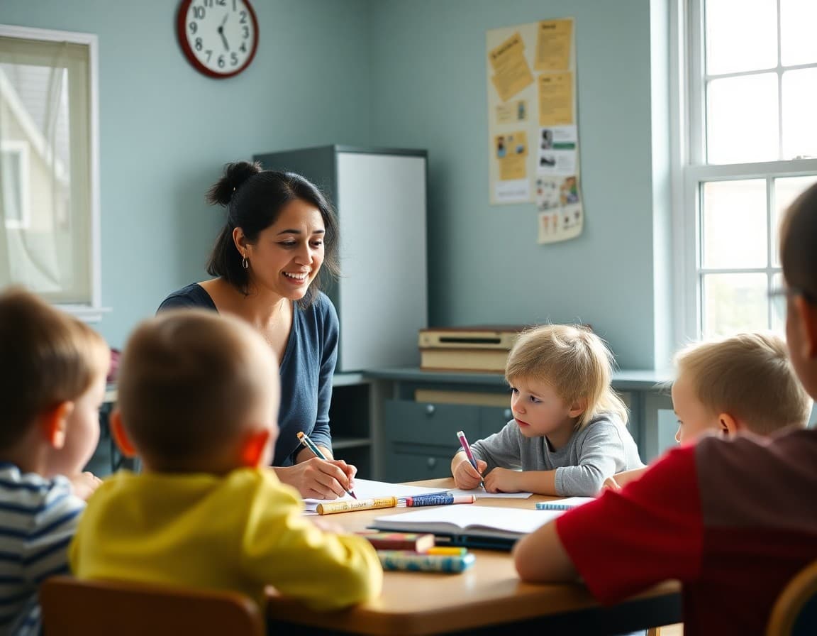 Homeschool co-op parent teaching a small group class to children from multiple homeschool families