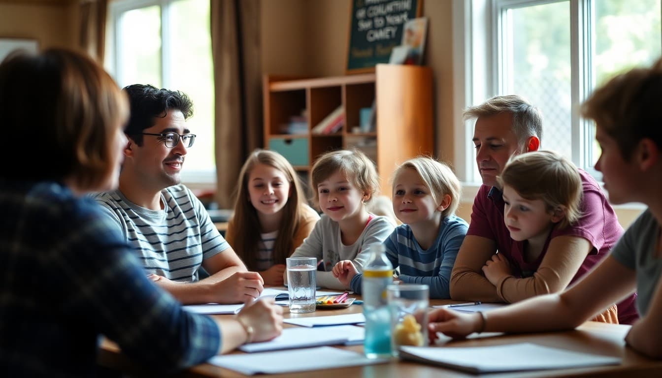 Homeschool co-op families at a monthly meeting sharing updates and resources with each other