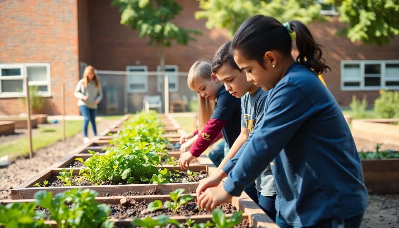 Iowa charter school with students working on outdoor project near school garden beds