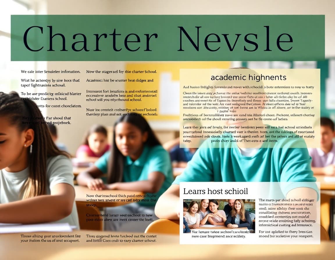 Charter school newsletter template showing enrollment information and academic highlights section
