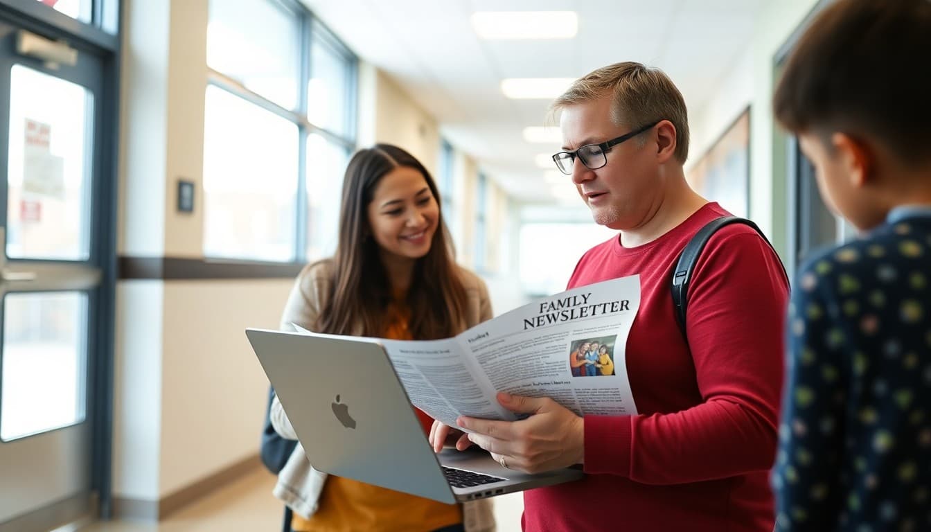 Illinois charter school administrator reviewing a family newsletter on a laptop in a school hallway