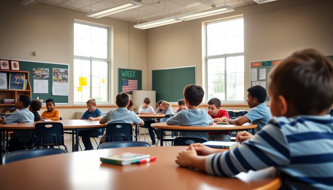 Indiana charter school classroom with students engaged in a group activity at round tables