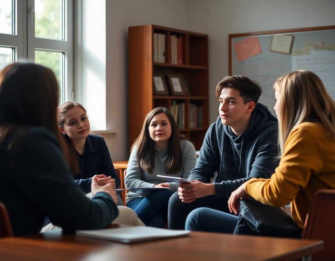Private school students engaged in a small-group seminar discussion with a faculty member