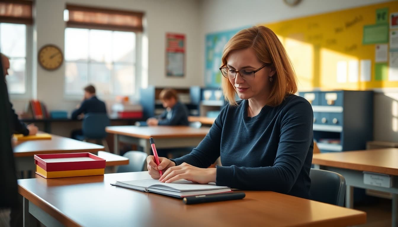 Independent private school teacher writing a parent newsletter in a well-equipped school setting