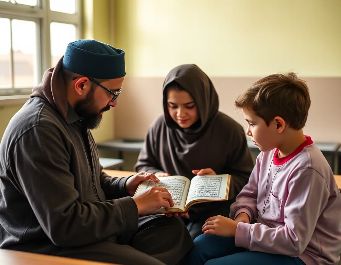 Islamic school teacher reviewing Arabic calligraphy and Quranic text with elementary students