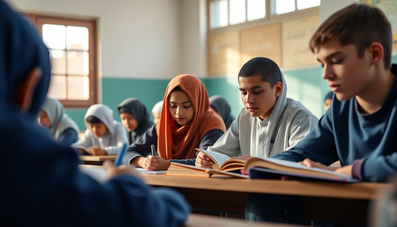 Islamic school students studying Quran alongside secular academic subjects in a classroom setting