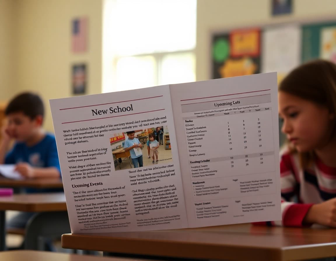 Kansas charter school newsletter showing school mission section and upcoming events calendar