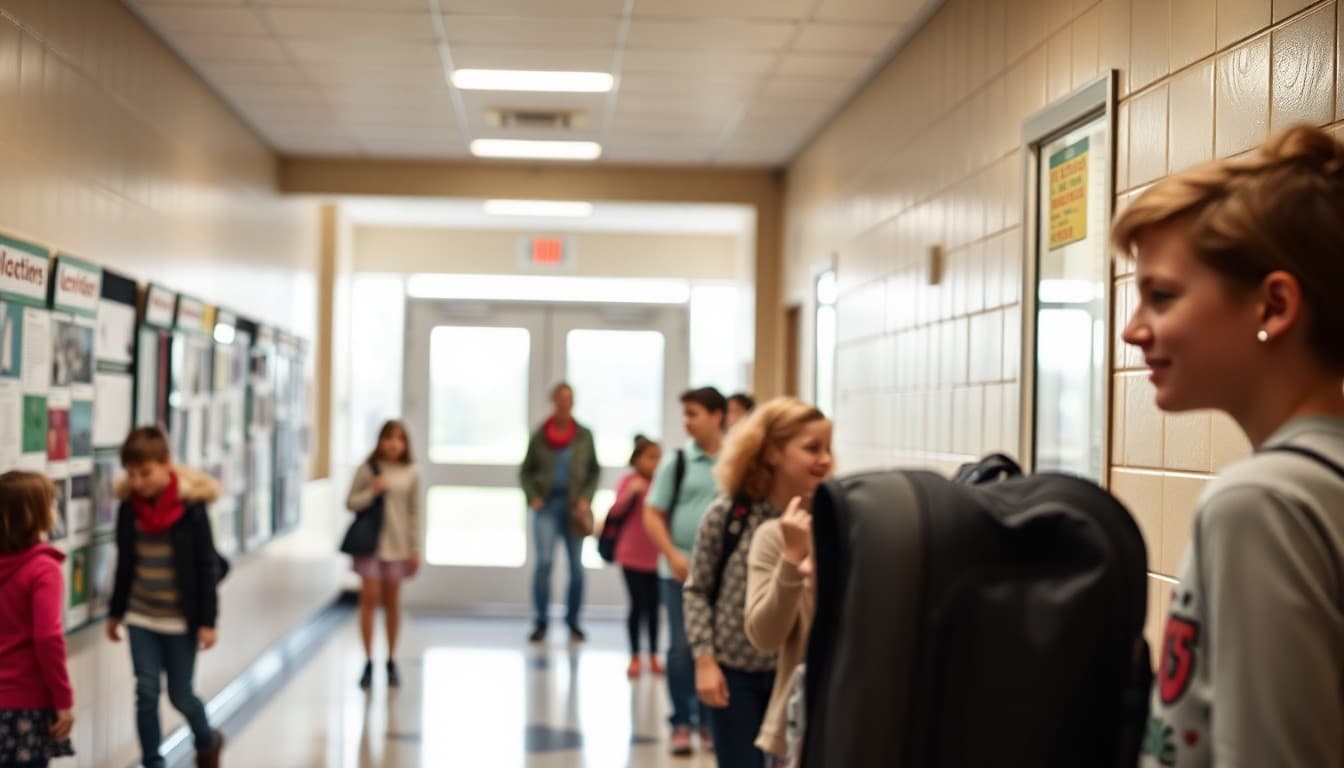 Kansas charter school hallway with student project displays and teachers greeting students