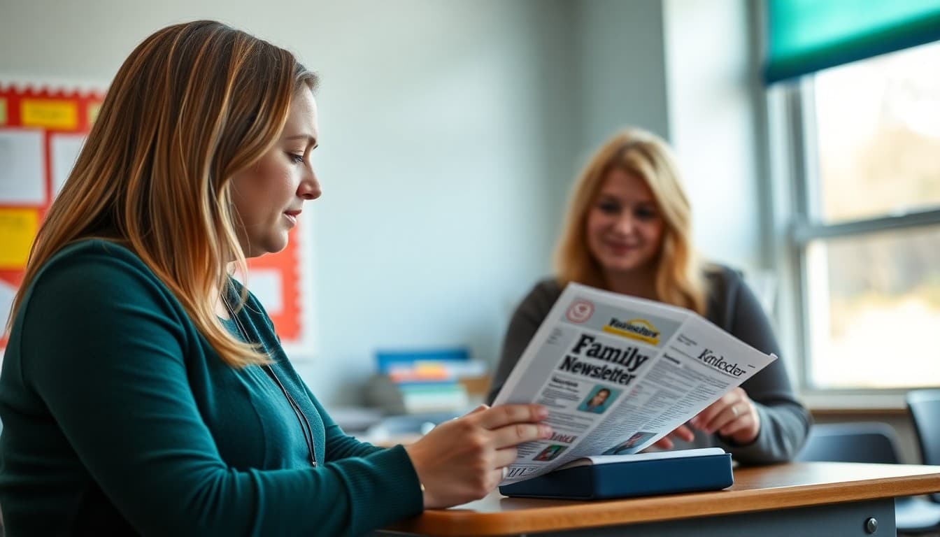 Kentucky charter school administrator reviewing a family newsletter at a school desk