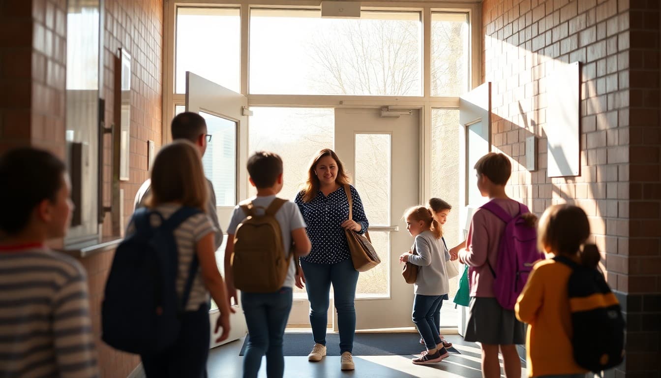 Kentucky charter school entrance with staff welcoming students at the front door in morning light