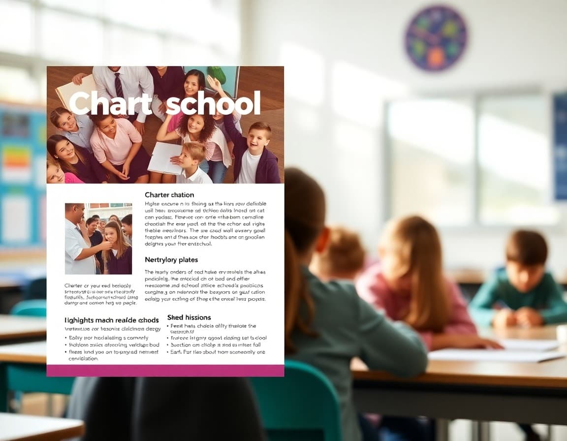 Charter school newsletter template showing enrollment information and school mission highlights