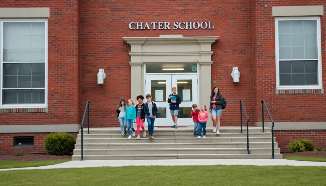 Massachusetts charter school exterior with red brick architecture and students on front steps