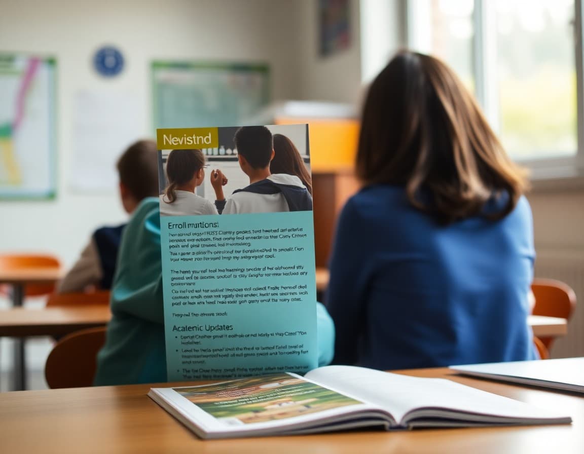 Maryland charter school newsletter with enrollment information and academic update section highlighted