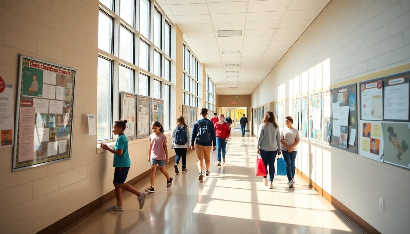 Maryland charter school hallway with student work displays and natural light from large windows