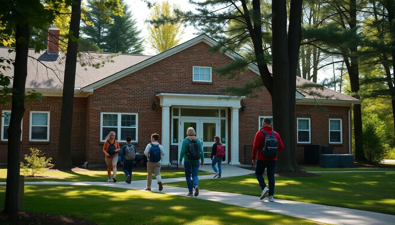 Maine charter school building surrounded by trees with students walking to morning classes