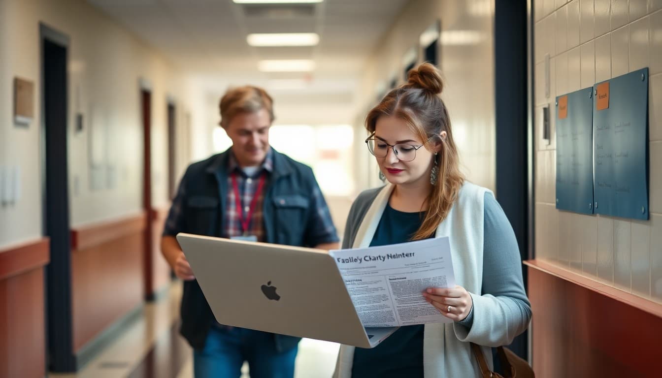 Michigan charter school administrator reviewing a family newsletter on a laptop in a school hallway