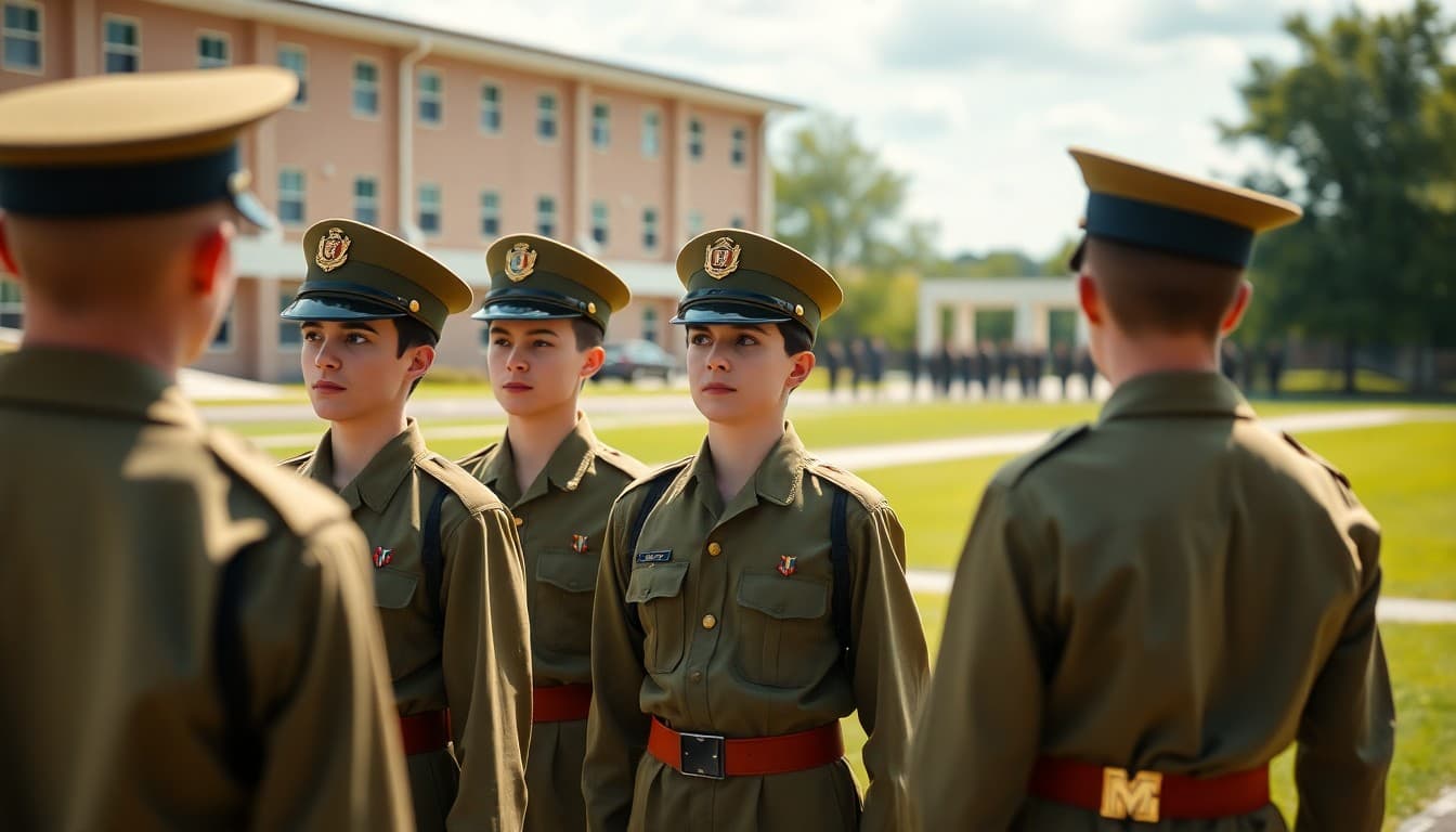 Military school cadets in formation on parade grounds with leadership development newsletter communication