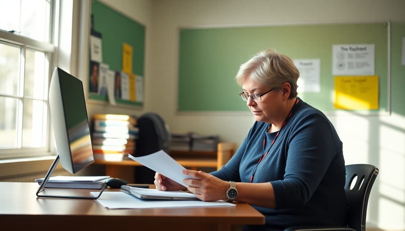 Minnesota charter school administrator composing a family newsletter at a school desk