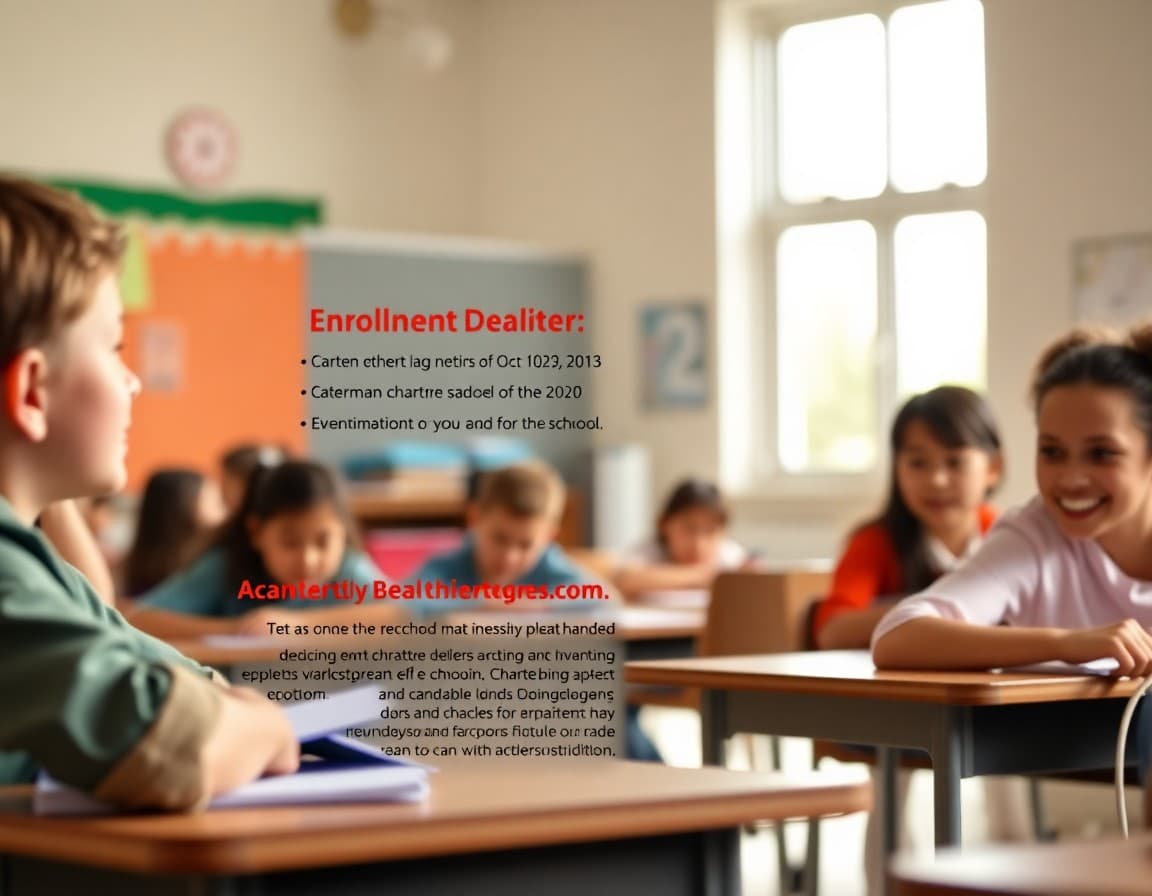 Charter school newsletter template showing enrollment deadline and academic program highlights