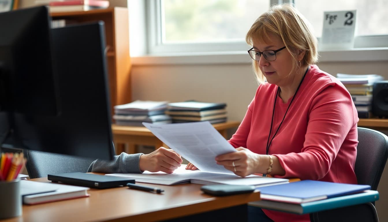 Missouri charter school administrator composing a family newsletter at a school office desk