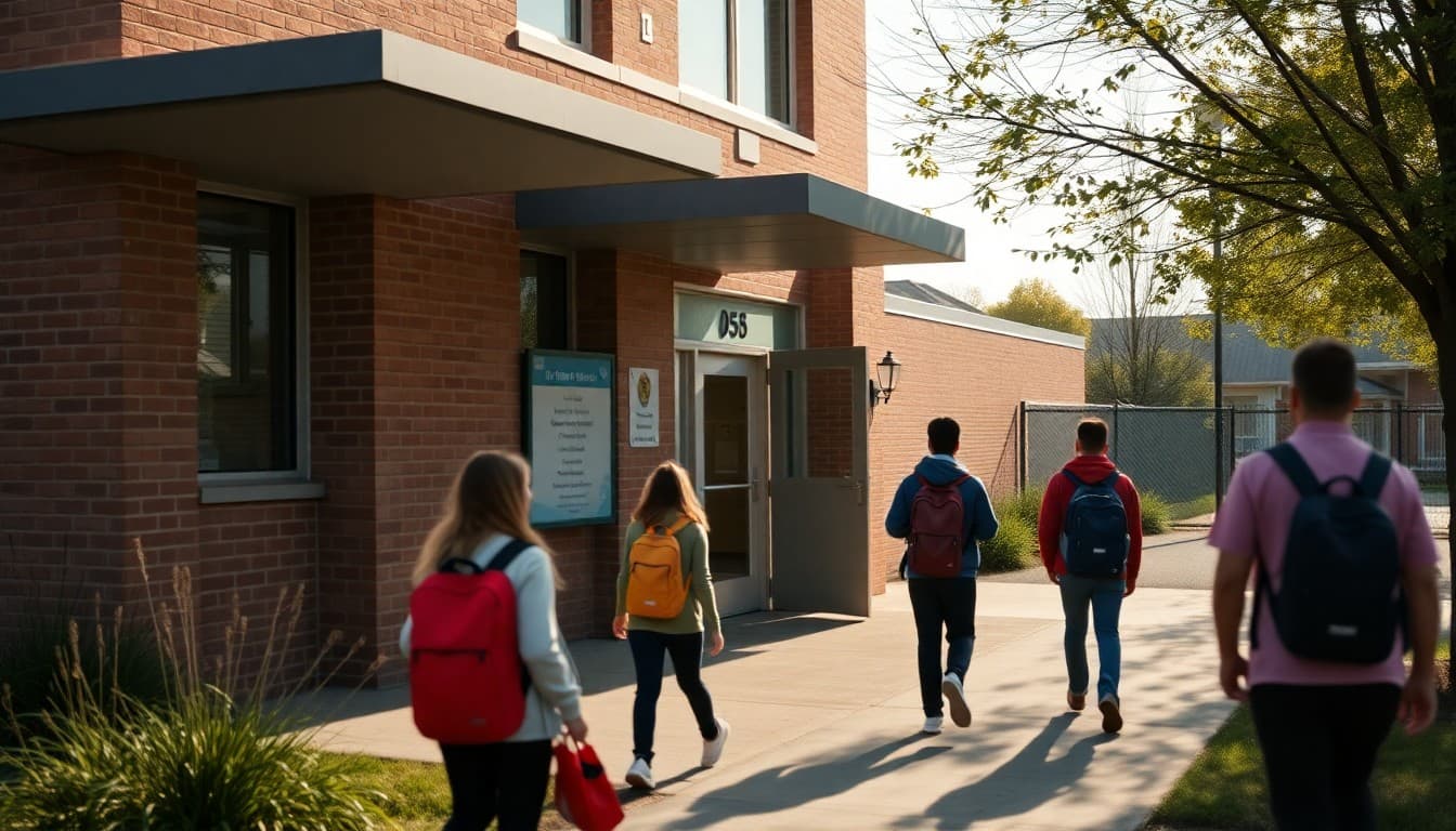 Missouri charter school exterior in urban neighborhood with students arriving at school entrance