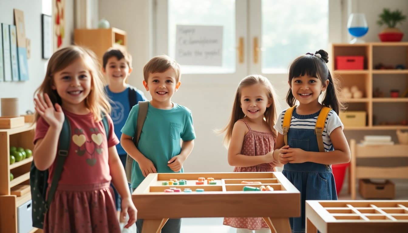 Montessori school students arriving excited on the first day with Montessori classroom materials visible