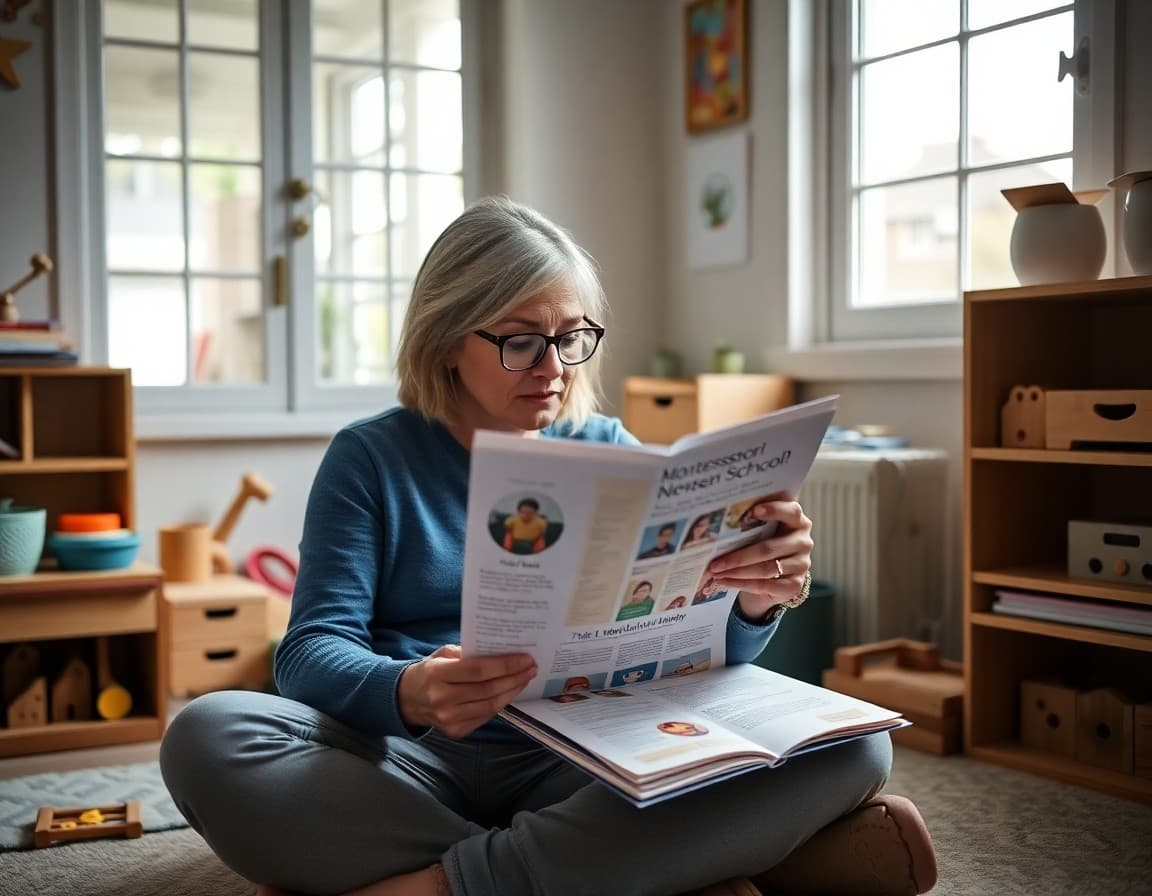 Parent reading a Montessori school newsletter at home next to Montessori learning materials
