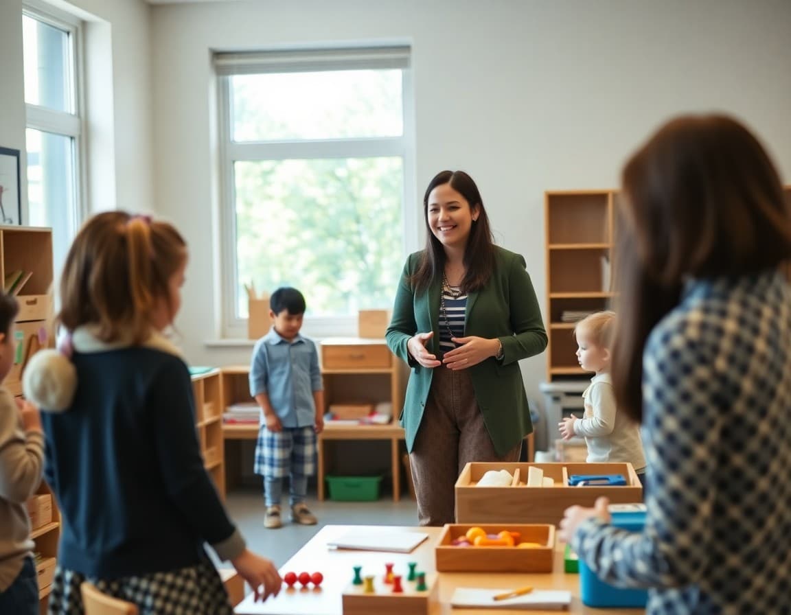 Teacher welcoming families to a Montessori classroom during an open house with materials on display