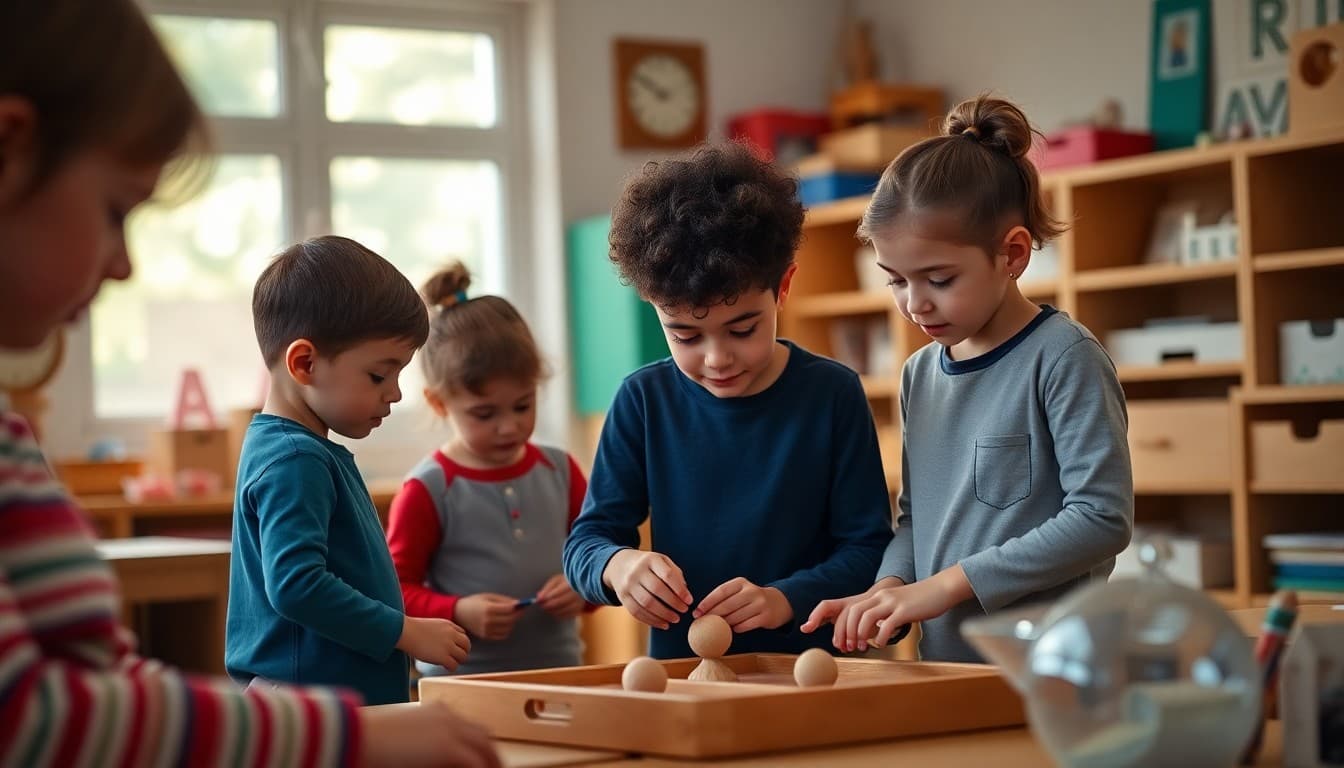 Montessori school families exploring classroom materials during an open house evening event