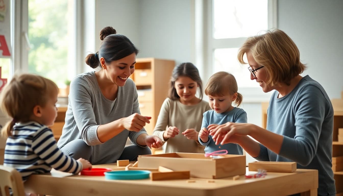 Montessori school teacher and parents engaging with classroom materials during a parent education session