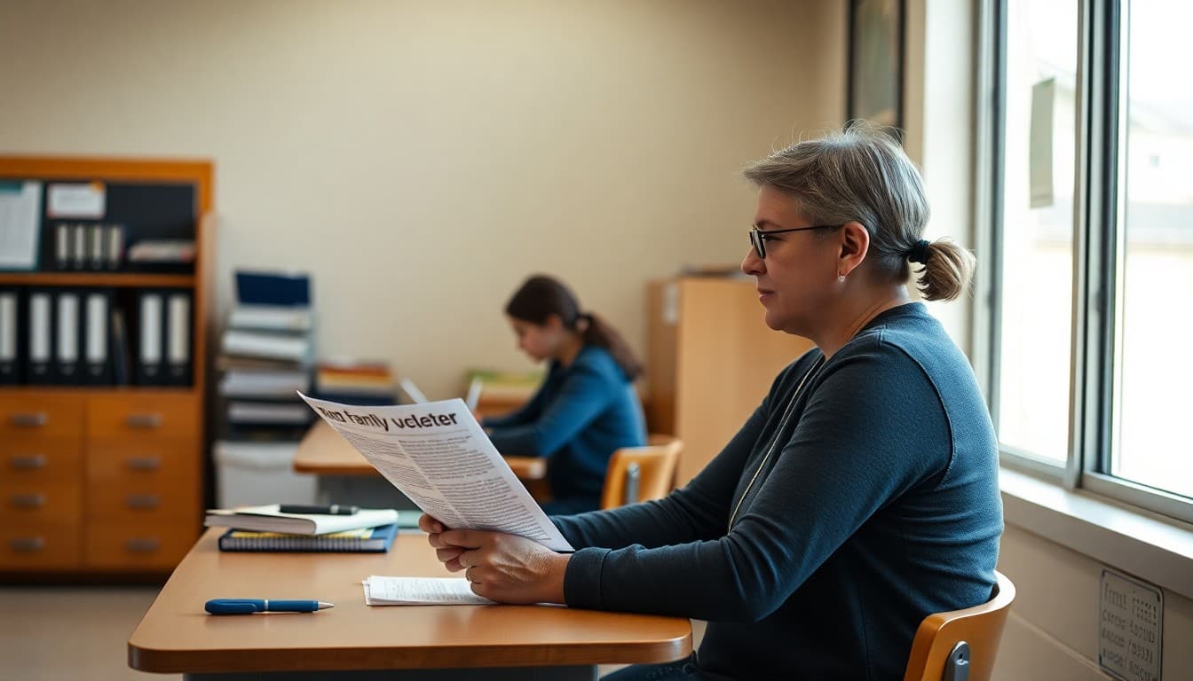 Montana charter school administrator reviewing a family newsletter at a school desk near a window